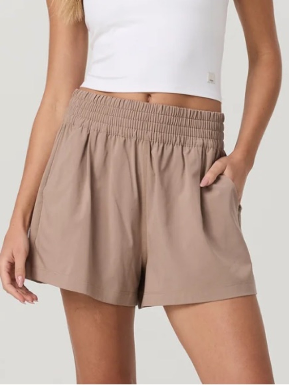 Vuori Women's Athletic Shorts in Taupe